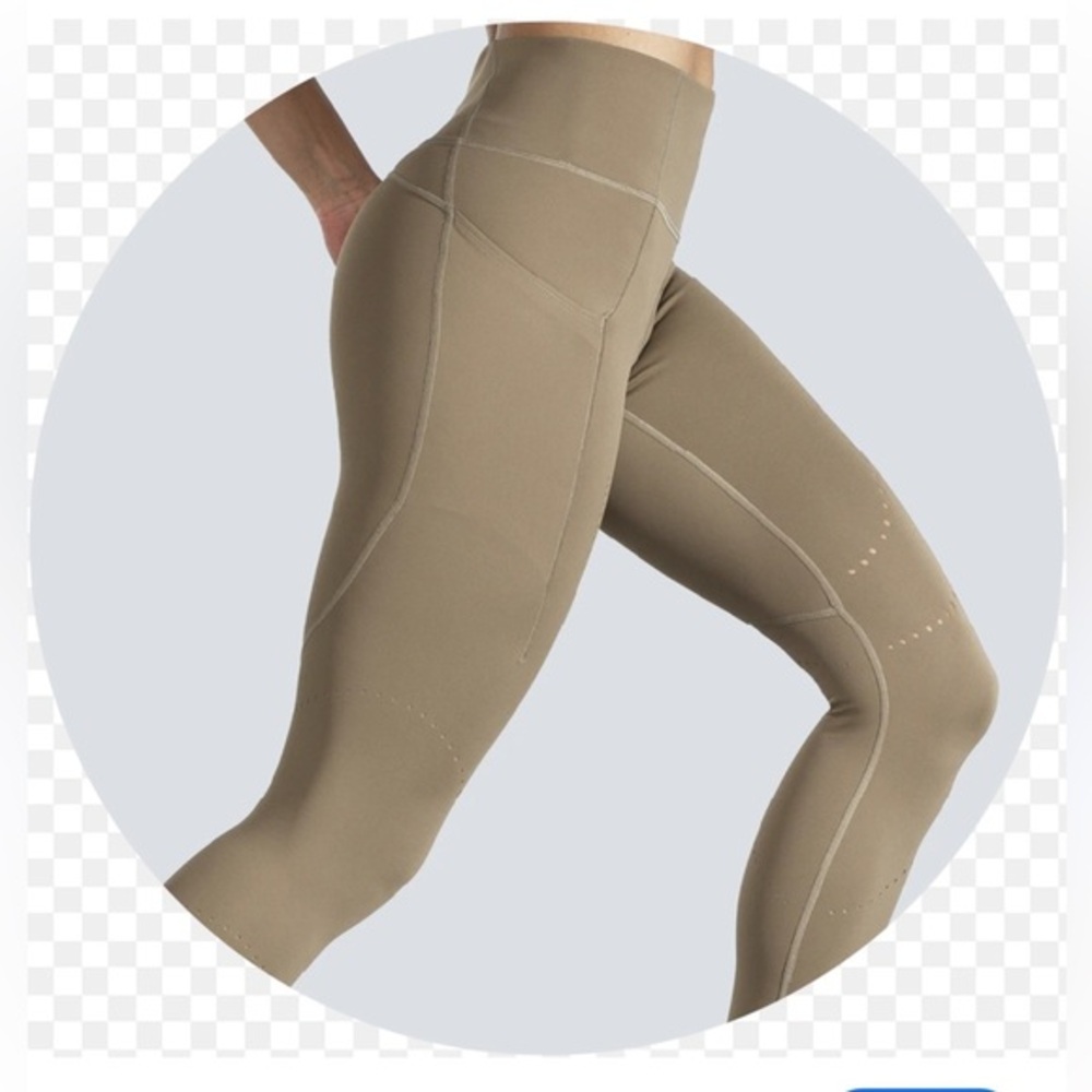 Brooks Greenish Tan laser cut Leggings Smooth Lightweight method 7/8 pockets